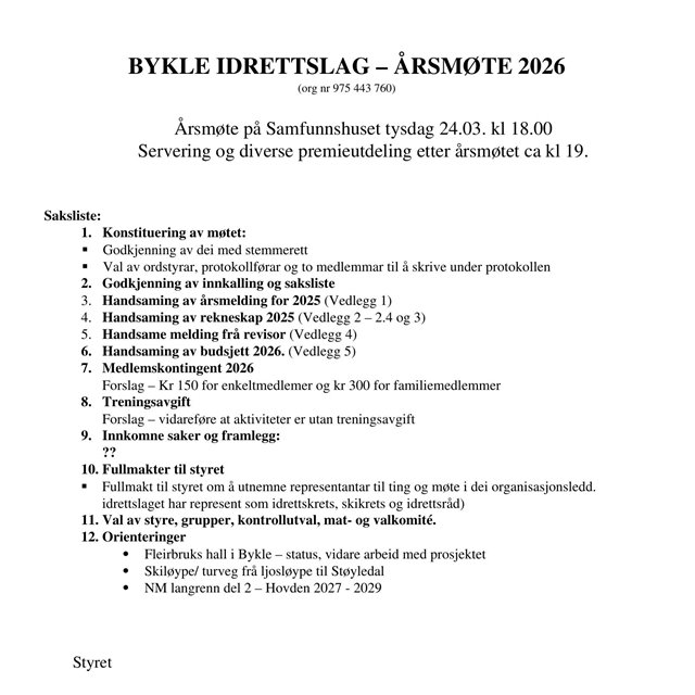 Bykle IL - Årsmøte  2026